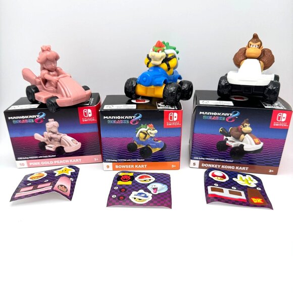 Mario Kart Deluxe Toy Cars Set Of 3 Pink Gold Peach Bowser Donkey Kong Figures - Picture 1 of 12